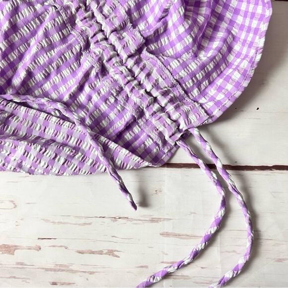 Zara Women's Blogger Style Lilac Gingham Pattern Rushed Side  Mini Dress Sz L - Picture 5 of 16